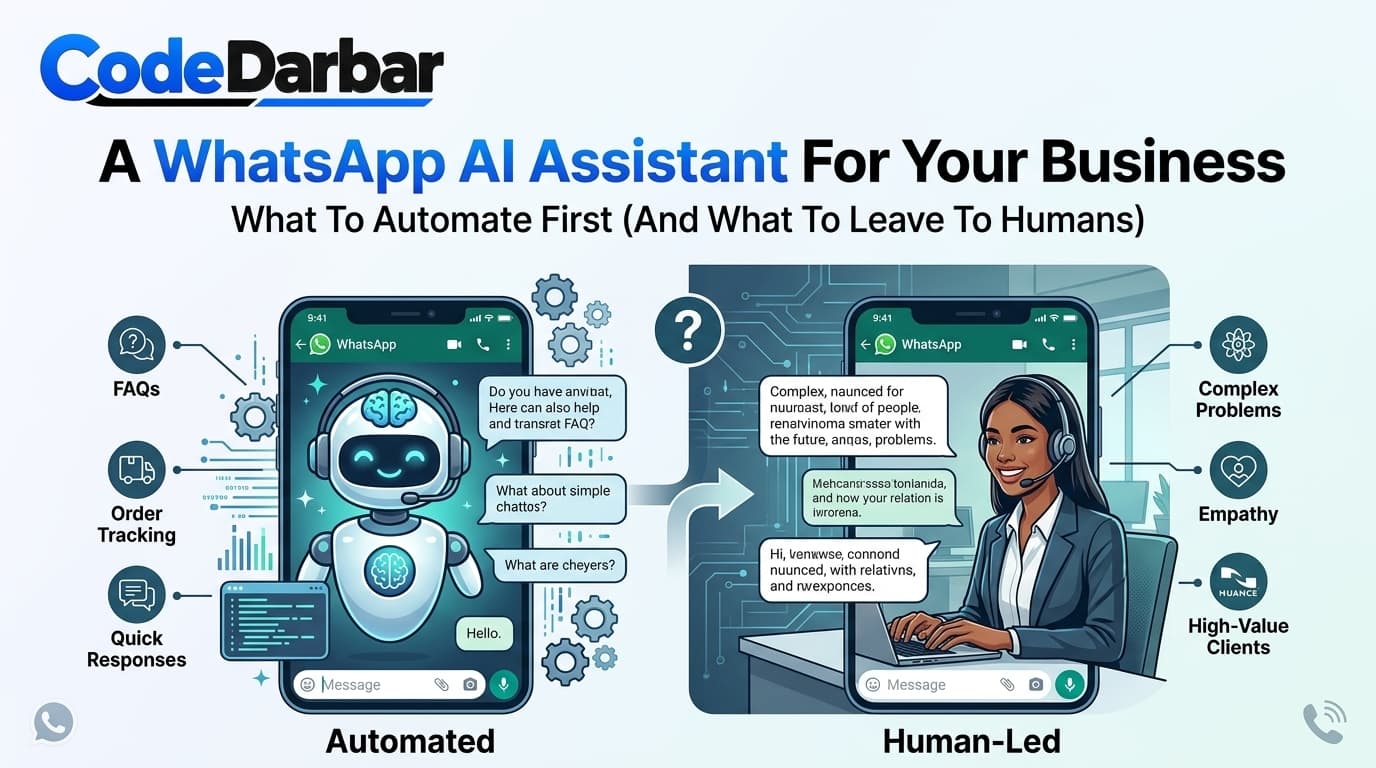 A WhatsApp AI Assistant for Your Business: What to Automate First (and What to Leave to Humans) — AI Engineering article by CodeDarbar